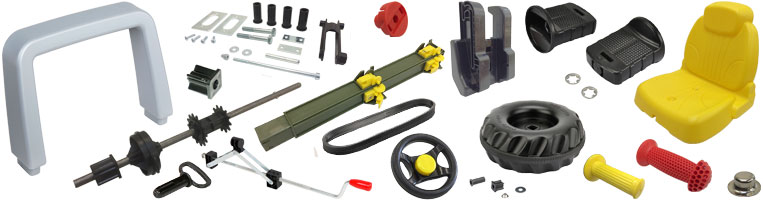 Grosses Sortiment mit Rolly Toys Ersatzteilen, Einzelteilen und Zubeh&ouml;r f&uuml;r die Reparatur von Trettraktoren und Anh&auml;ngern