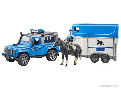 Bruder Land Rover Defender Polizeifahrzeug mit Pferdeanhänger, Pferd und Polizist