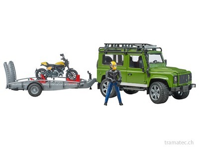 Bruder Land Rover Defender mit Anhänger und Scrambler Ducati Full Throttle mit Fahrer